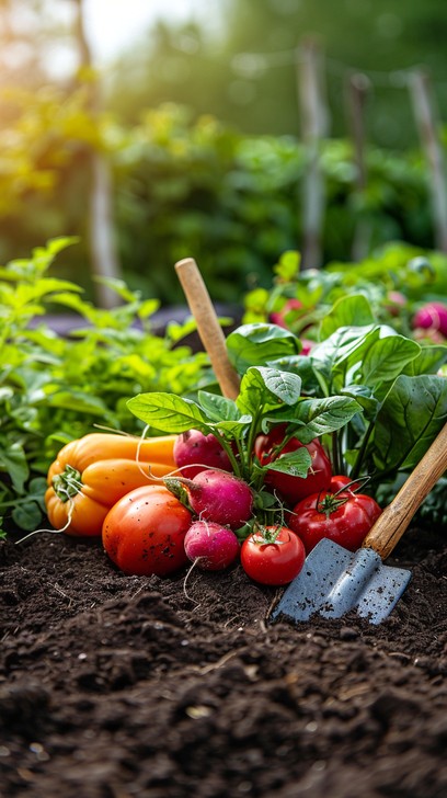 A medium shot of a diverse vegetable garden showing healthy plant growth and soil.