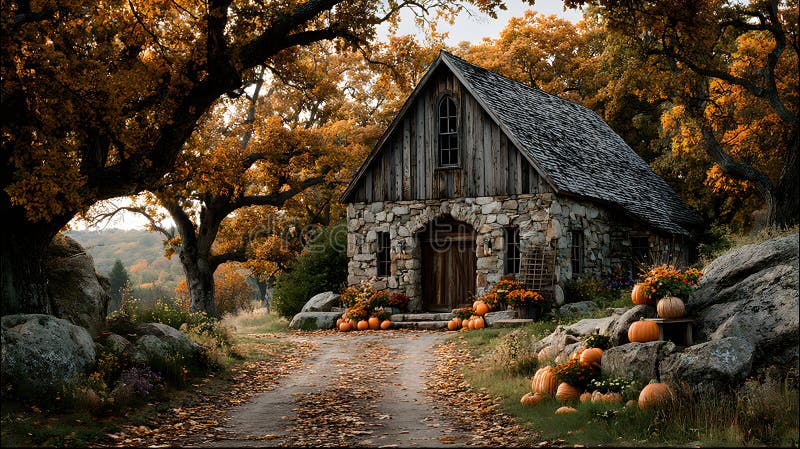 Stone Cottage Decorated with Pumpkins