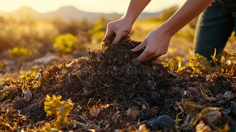Hands mixing composting materials in a sunlit outdoor setting.