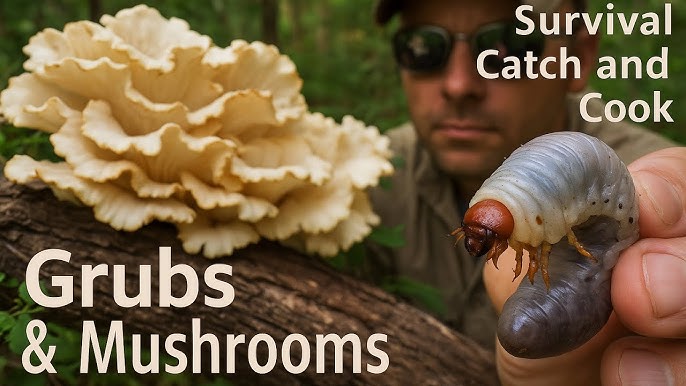 A close-up shot of wild mushrooms sautéing in a pan over a campfire, showcasing the rustic and natural cooking process