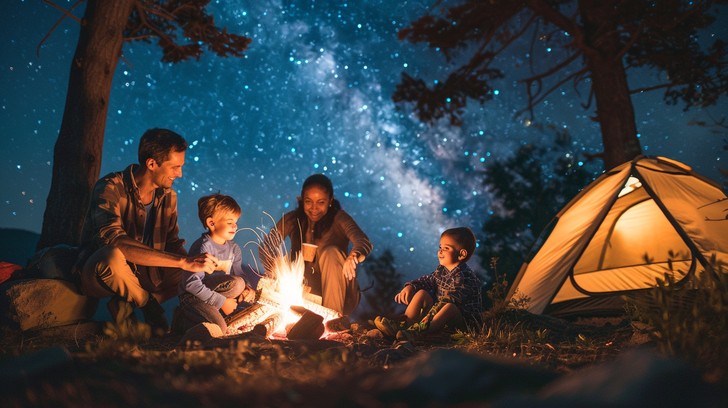 Morning light filtering through the trees at Pine Ridge Campground, casting dappled shadows on a tent.