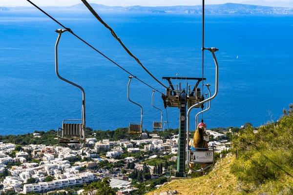 A panoramic view from the summit of Monte Solaro on Capri, showcasing the Faraglioni rocks and the expansive coastline.