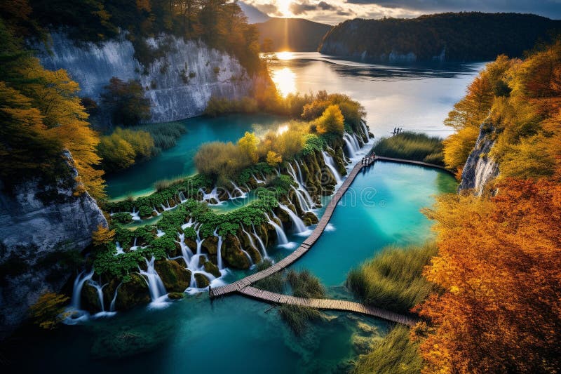 A high-angle shot of several of Plitvice's turquoise lakes, surrounded by dense forest in vibrant shades of red, orange, and gold. The water reflects the autumn foliage, creating a mirror-like effect.