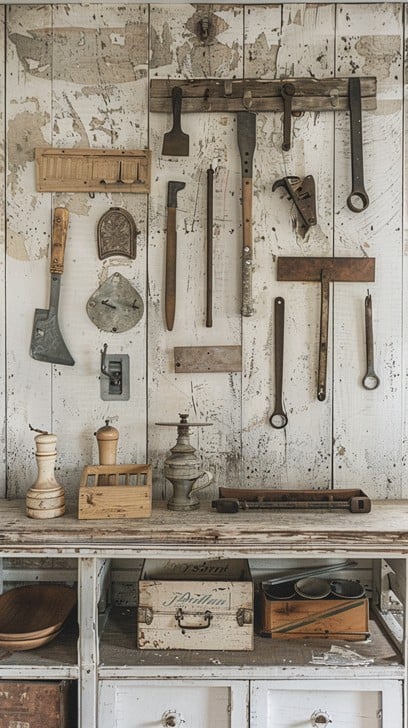 collection of rusty but sturdy vintage gardening tools arranged on a potting bench
