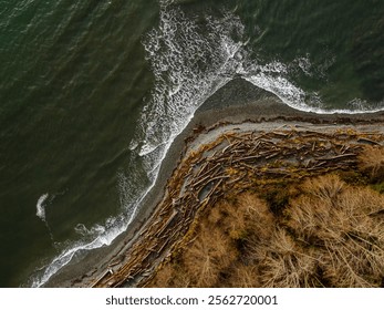 Rugged Pacific coastline near Tofino with driftwood-strewn beach and crashing waves