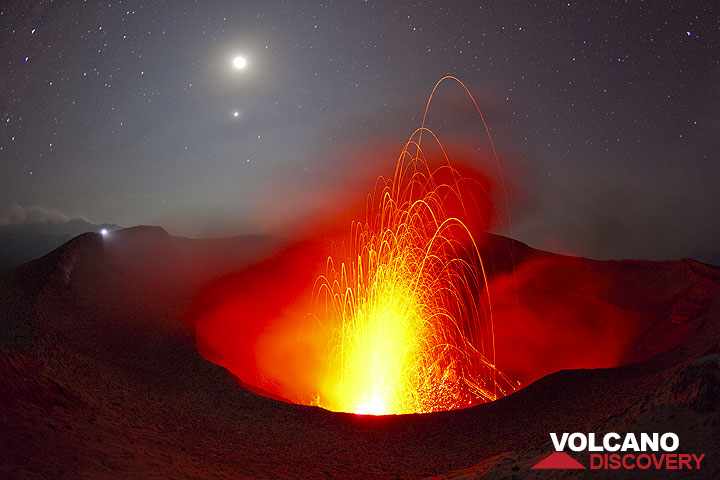 Mount Yasur erupting at night, showcasing the fiery spectacle and the volcano's power.