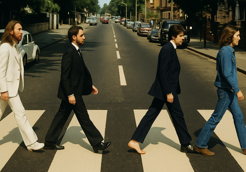 A black and white image of the Beatles from the 