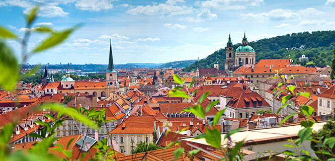 A picturesque view of Prague Castle and the city from above.