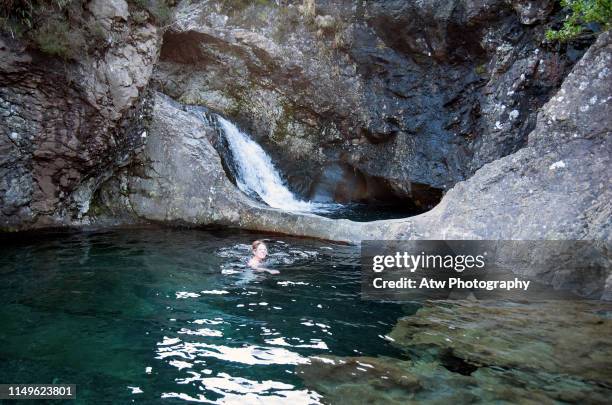 A swimmer braving the cold waters of a Scottish loch, surrounded by dramatic mountain scenery.