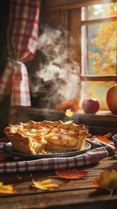 Image of autumn apple pie in a rustic kitchen