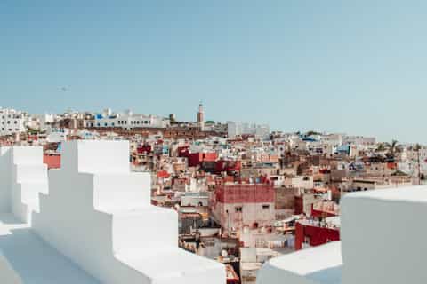 A view of Chefchaouen's medina, with its distinctive blue buildings cascading down the hillside.