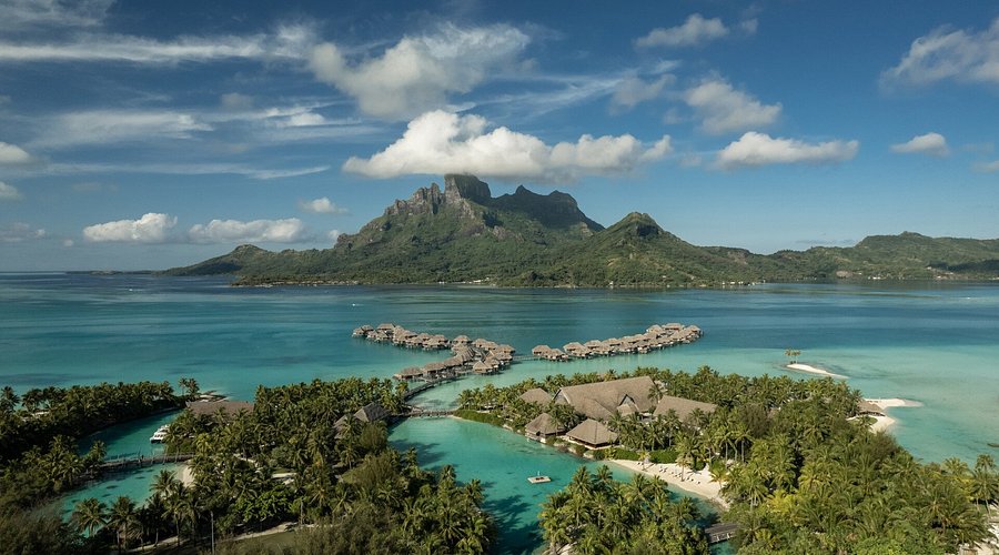 View of the Four Seasons Resort Bora Bora with overwater bungalows