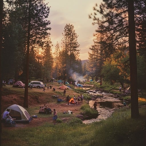 A campsite at dusk, with a tent pitched and a warm glow emanating from within, suggesting comfort and relaxation.