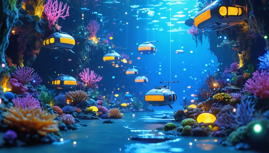 Interior of an underwater hotel suite, showing marine life swimming outside the window.