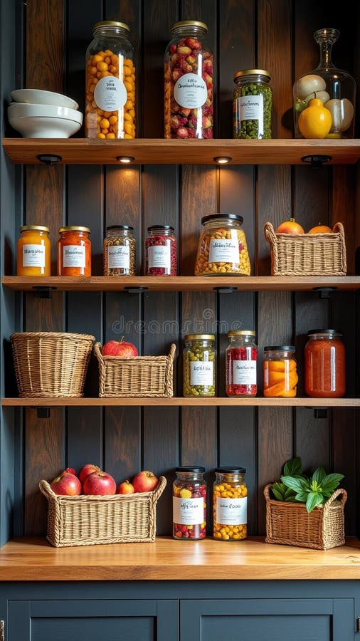 A well-organized pantry with labeled bins and baskets