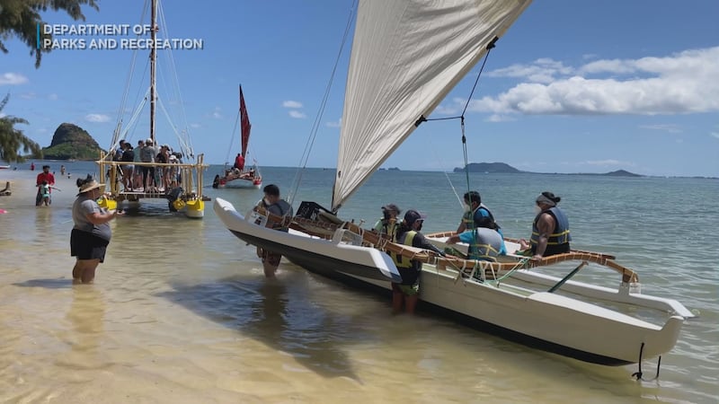 A family on a wa'a kaulua, with a Polynesian navigator pointing out constellations, and children looking through binoculars.