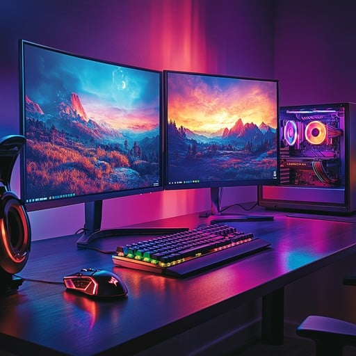 Assembled PC build in a gamer-centric environment, complete with peripherals and ambient lighting.