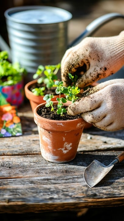 hands carefully planting seeds in tray