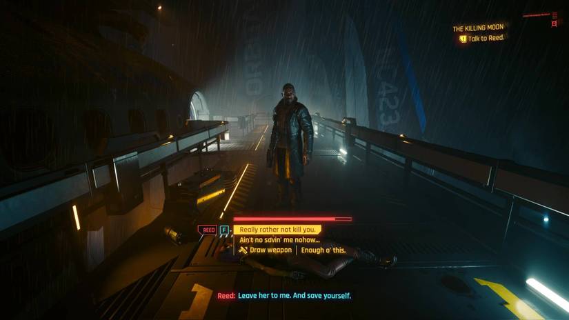 Capture a dramatic in-game moment featuring Solomon Reed in Cyberpunk 2077: Phantom Liberty. The image should convey his intensity and the weight of his decisions, perhaps during a tense dialogue scene with V against a dark, moody backdrop.