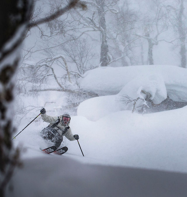 Skiers and snowboarders cat skiing through deep powder