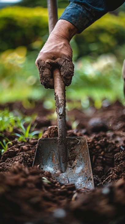 Close up of a gardening glove holding rich, dark soil, representing soil health and successful gardening