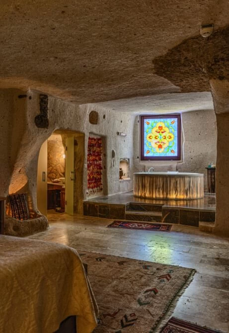 Interior of a cave hotel room in Cappadocia