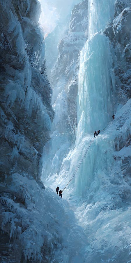 A canyoner in full gear rappelling down a frozen waterfall.