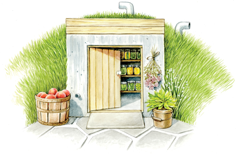 Root cellar covered in earth with door access