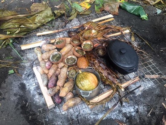 A local Fijian family preparing a traditional lovo feast, showcasing their cultural heritage and sustainable practices.