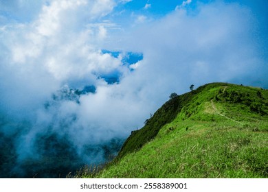A breathtaking scenic hike on a mountain summit with a vast, stunning landscape in the background.