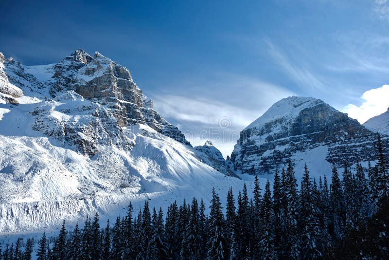 A view from a mountain summit, showcasing a valley with a river and evergreen trees under a blue sky