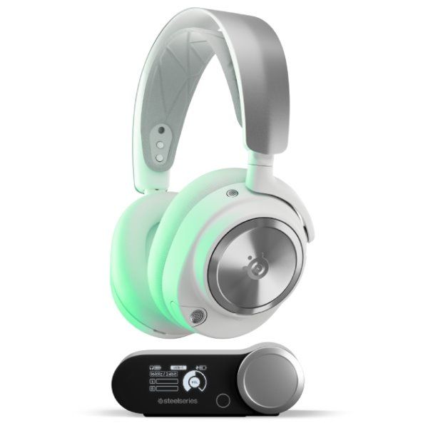Close-up of the SteelSeries Arctis Nova Pro Wireless steel headband and earcups, highlighting the build materials and design details.