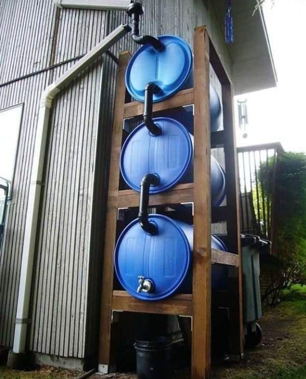 A homemade rain barrel system in a backyard setting.