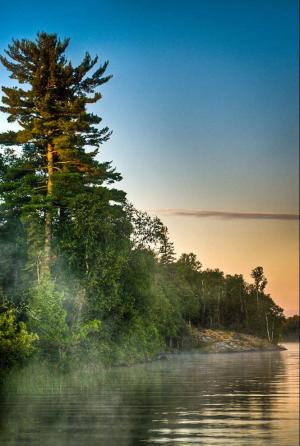 A solo canoeist paddling across a calm lake in the Boundary Waters, surrounded by lush green forest. The water reflects the trees and sky.