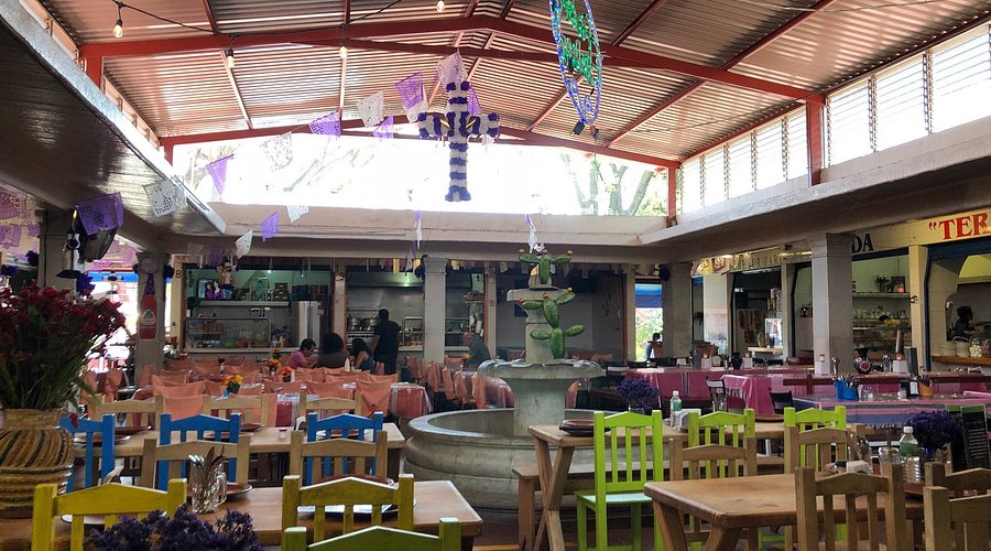 A plate of Mole Negro with chicken and tortillas in a dimly lit fonda, showcasing the rich, dark color of the mole and the steam rising from the plate.