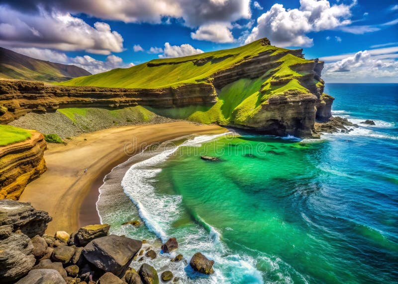 Several people digging hot tubs in the sand at Hot Water Beach, with steam rising from the holes. The image captures the laughter and interaction between people.