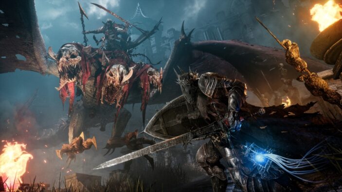 A close-up render of a distinctive armor set from Lords of the Fallen, showcasing the high level of detail