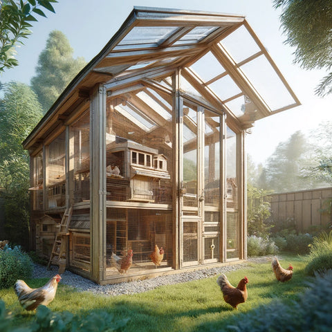 A digital render showcasing a modern and efficient chicken coop design, emphasizing natural light and excellent ventilation for healthy chickens.