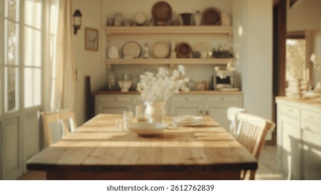 Blurred background of a cozy farmhouse kitchen