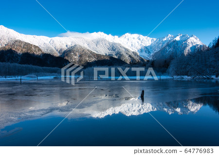 A medium shot of a snow monkey partially submerged in the hot spring, with snow flakes gently falling around it, capturing a sense of peace and tranquility.