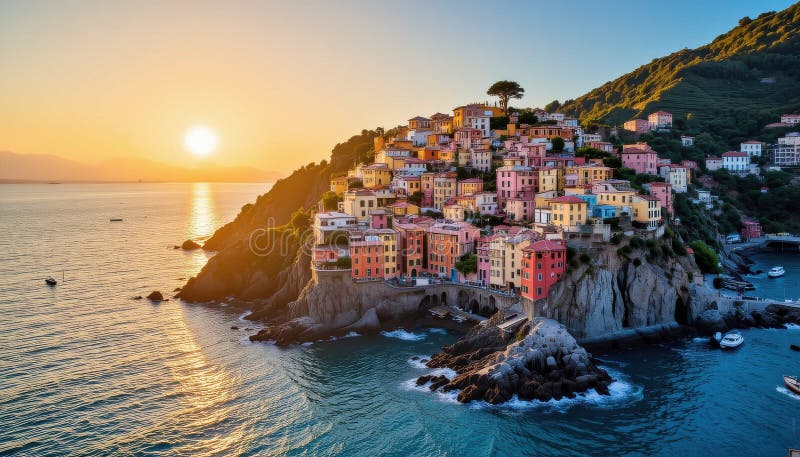 Panoramic view of Manarola at sunset