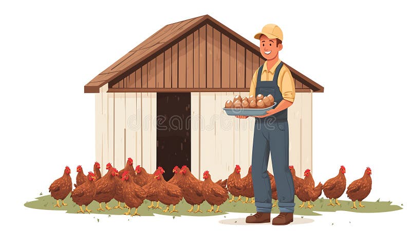 Happy farmer collecting fresh eggs from his chickens coop