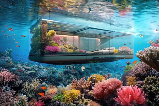 Javier Rodriguez (played by an actor) taking a water sample in front of a Floating Seahorse villa.