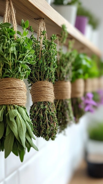 Hanging Herb Garden With Various Potted Herbs Hanging From A Wooden Structure.
