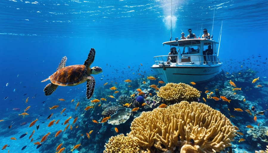 Panoramic view showcasing the lush green landscape surrounding the beach at sunset, with warm, orange hues reflecting in the water