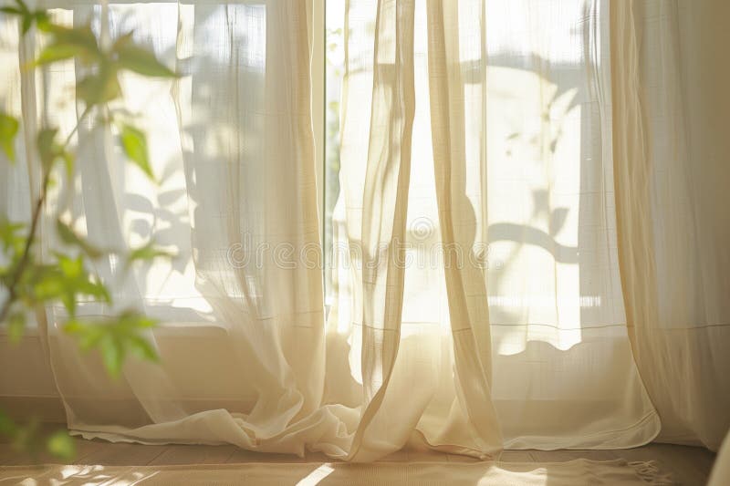 Close-up shot, light linen curtains hung on a clothesline outside, gentle breeze ruffling the fabric, dappled sunlight filtering through leaves, focus on texture of the linen, pastel colors
