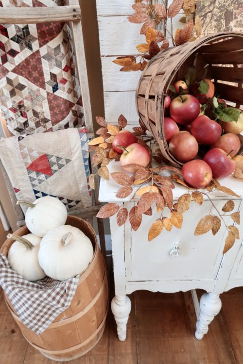 Farmhouse Kitchen Open Shelving Fall Decor Apples Squash