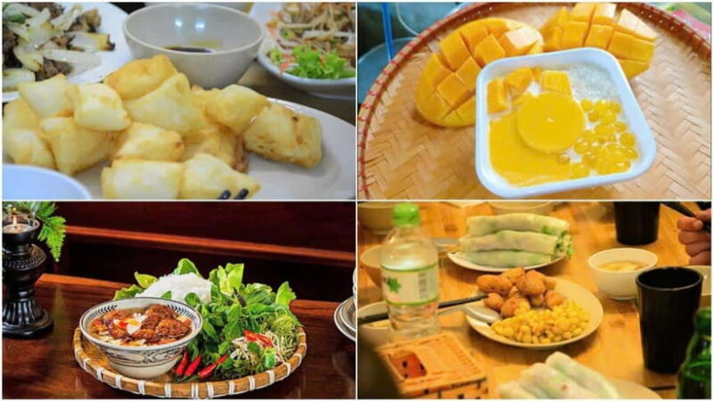A vibrant spread of Hanoi street food, including pho, bun cha, and egg coffee