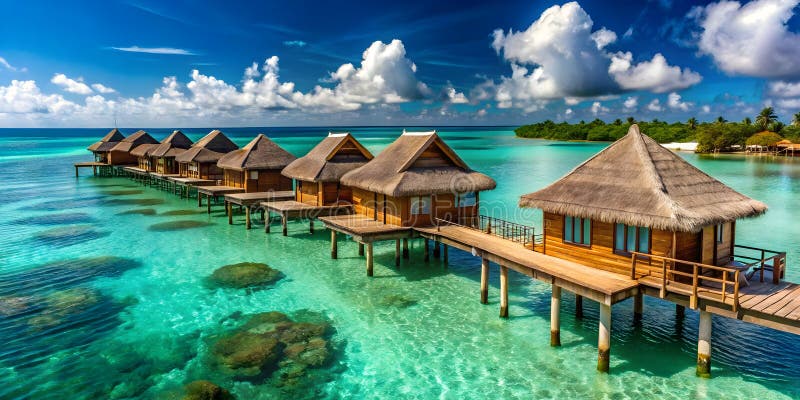 Exotic overwater bungalows in the Maldives, with turquoise waters below and clear skies above, representing luxurious tropical accommodations.