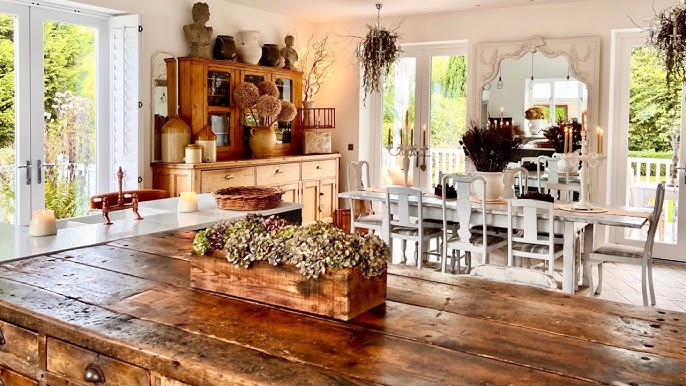 A leaf garland decorating kitchen cabinets
